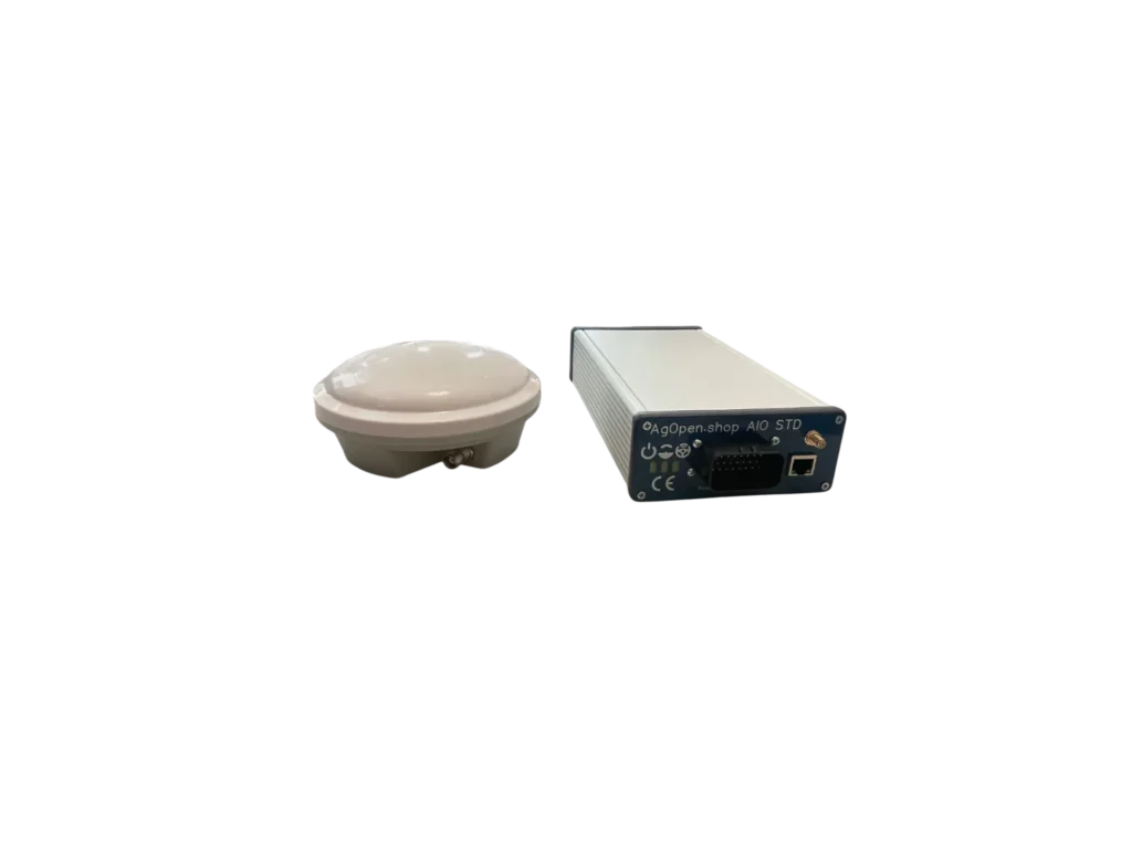 AgOpenGPS AIO control box and white GNSS antenna on a black background