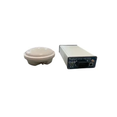 AgOpenGPS AIO control box and white GNSS antenna on a black background