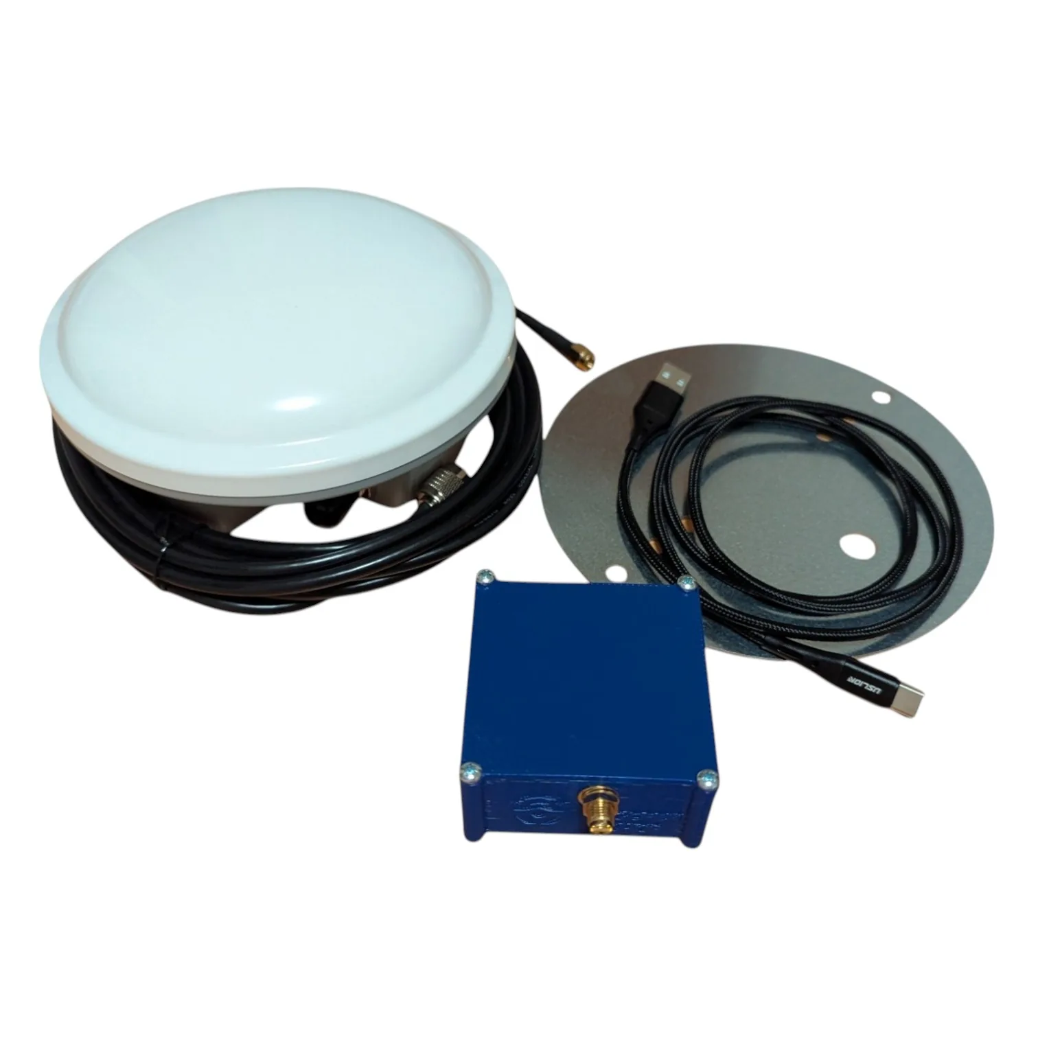 RTK module in a box with GNSS antenna and magnetic base plate for lightbar guidance