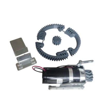 Geared DC steering motor with split gear ring, pinion and mounting brackets