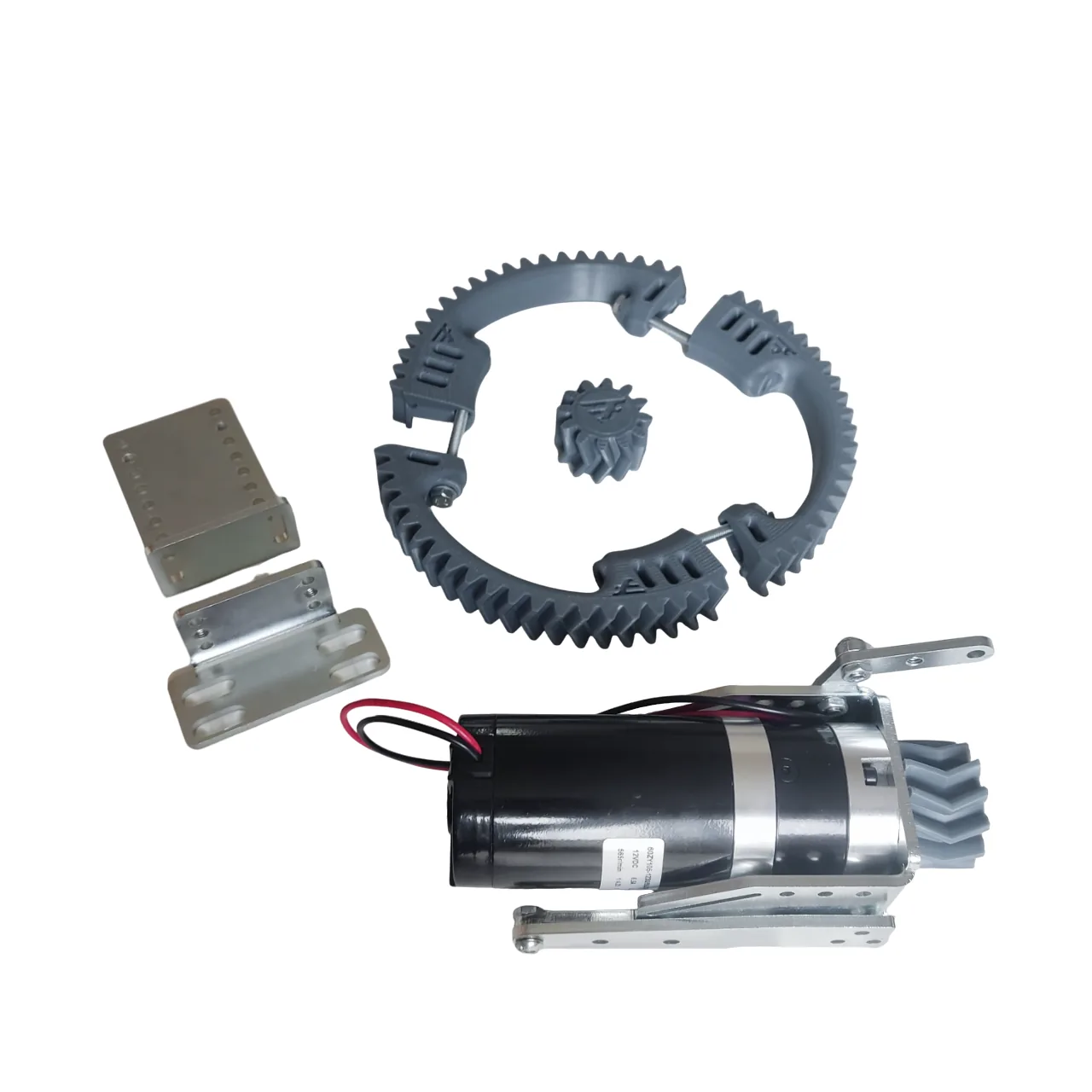 Geared DC steering motor with split gear ring, pinion and mounting brackets