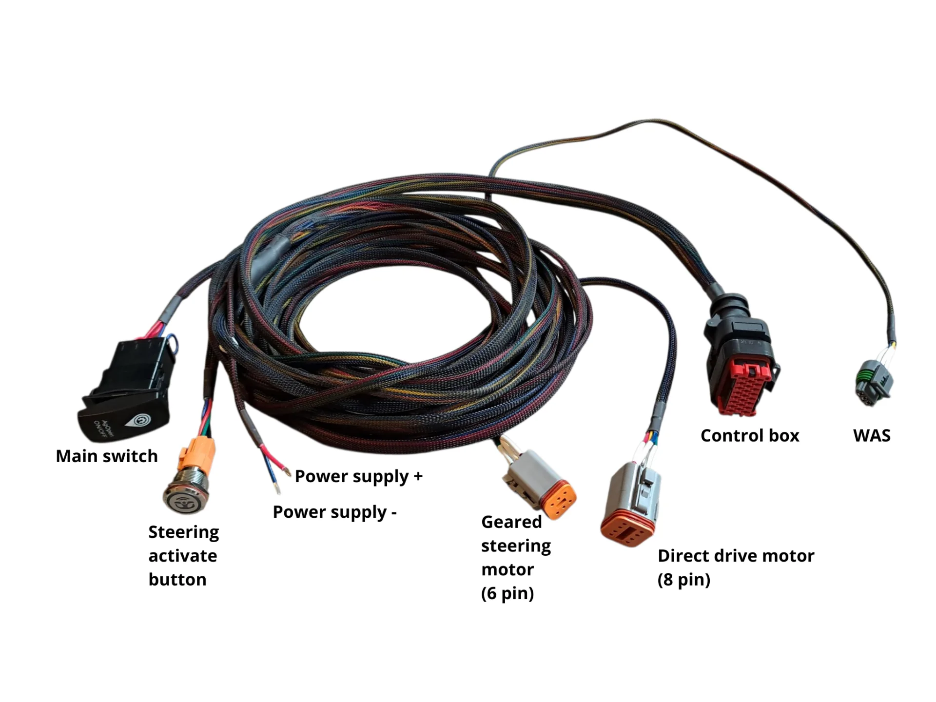 AgOpenGPS wire harness with labelled connectors: main switch, steering button, power supply, motors, control box and WAS