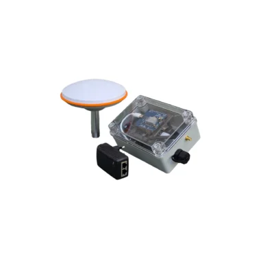 AgOpen RTK base station with PoE, clear enclosure and GNSS antenna