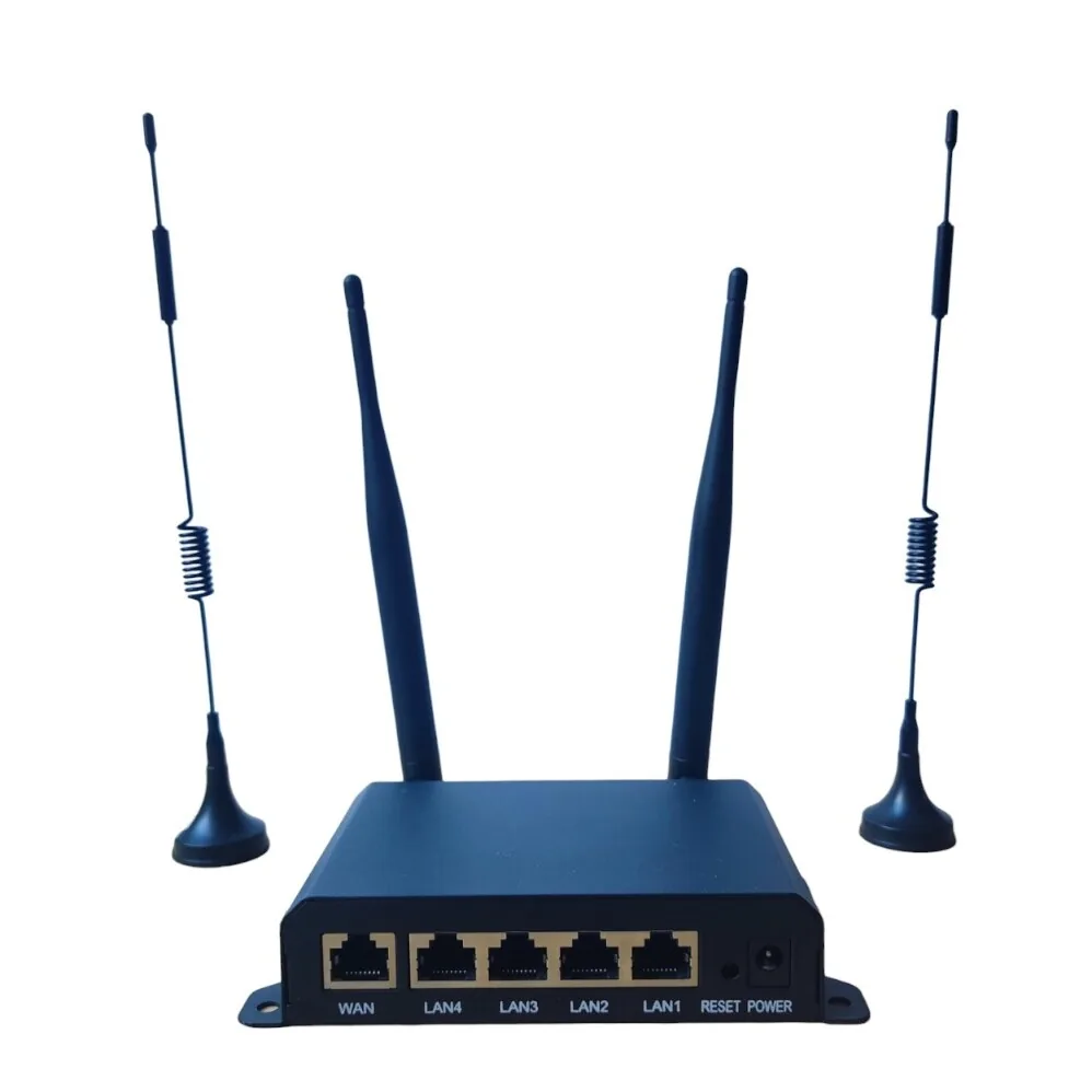 4G LTE industrial router with four antennas and LAN ports for RTK correction in the tractor