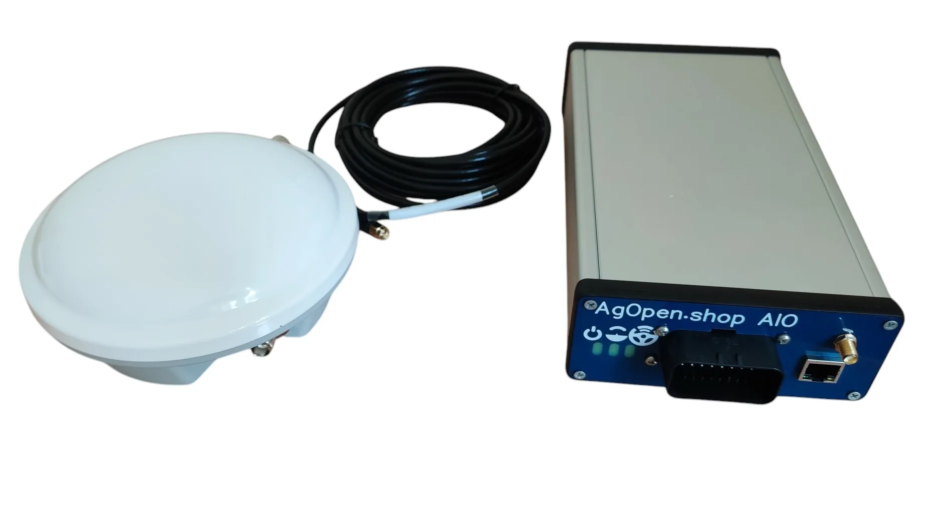 AgOpenGPS AIO control box with white GNSS antenna and antenna cable