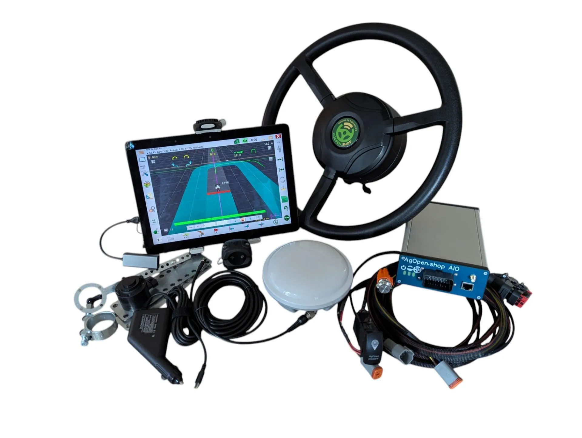 Complete direct drive AgOpenGPS autosteer kit: steering motor, tablet, control box, antenna and wire harness