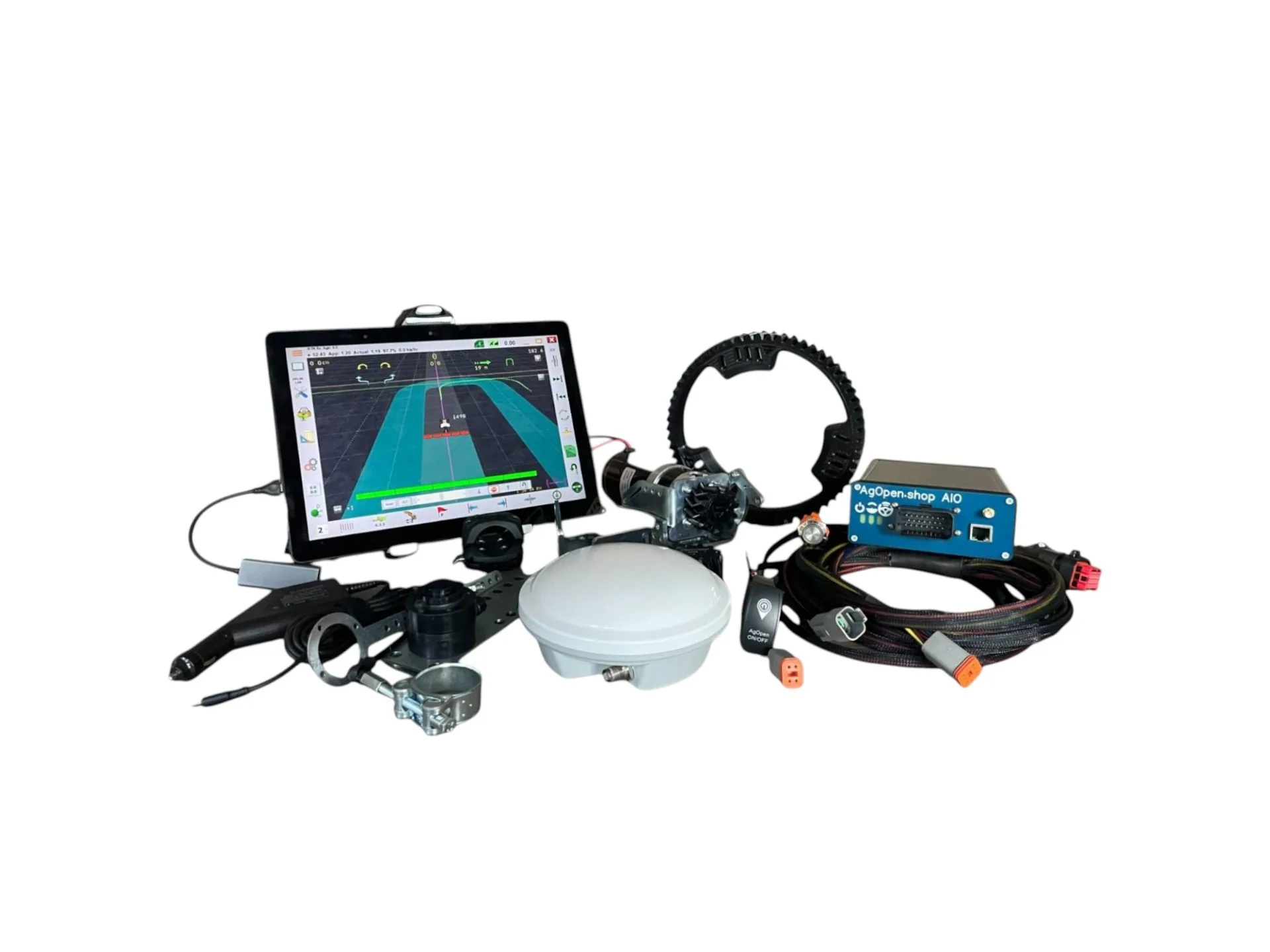 Complete geared AgOpenGPS autosteer kit: DC steering motor, tablet, control box, antenna and wire harness
