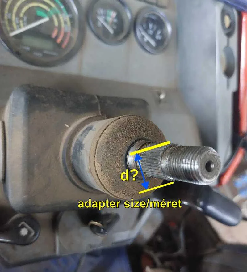 Tractor steering shaft with the adapter size to measure (d) marked in yellow