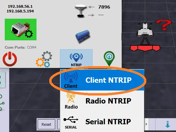 AgIO screen with the NTRIP client menu highlighted for RTK correction