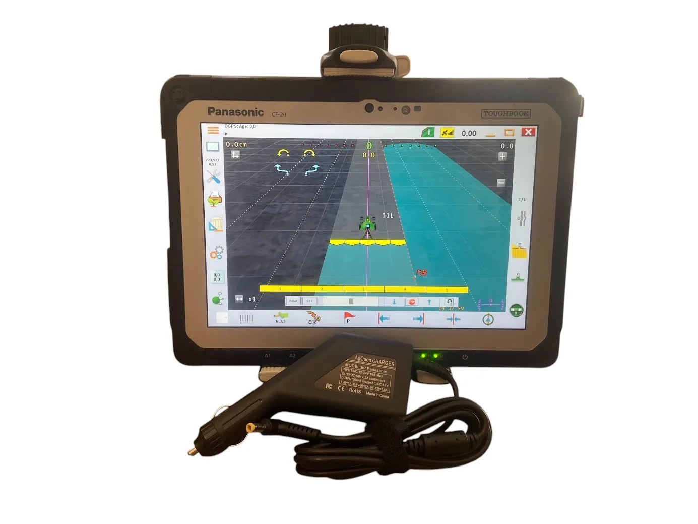 Panasonic Toughbook CF-20 running AgOpenGPS in the holder with car charger