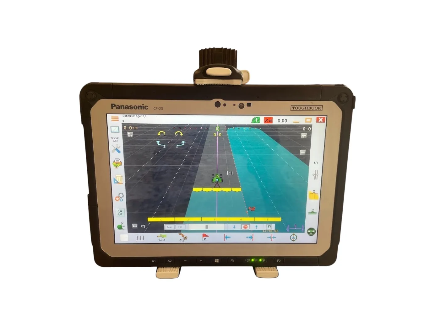 Panasonic Toughbook CF-20 tablet running AgOpenGPS in the industrial holder