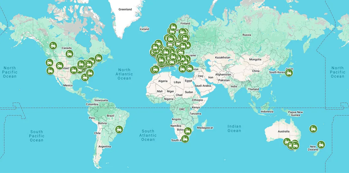 World map with the locations of AgOpen customers