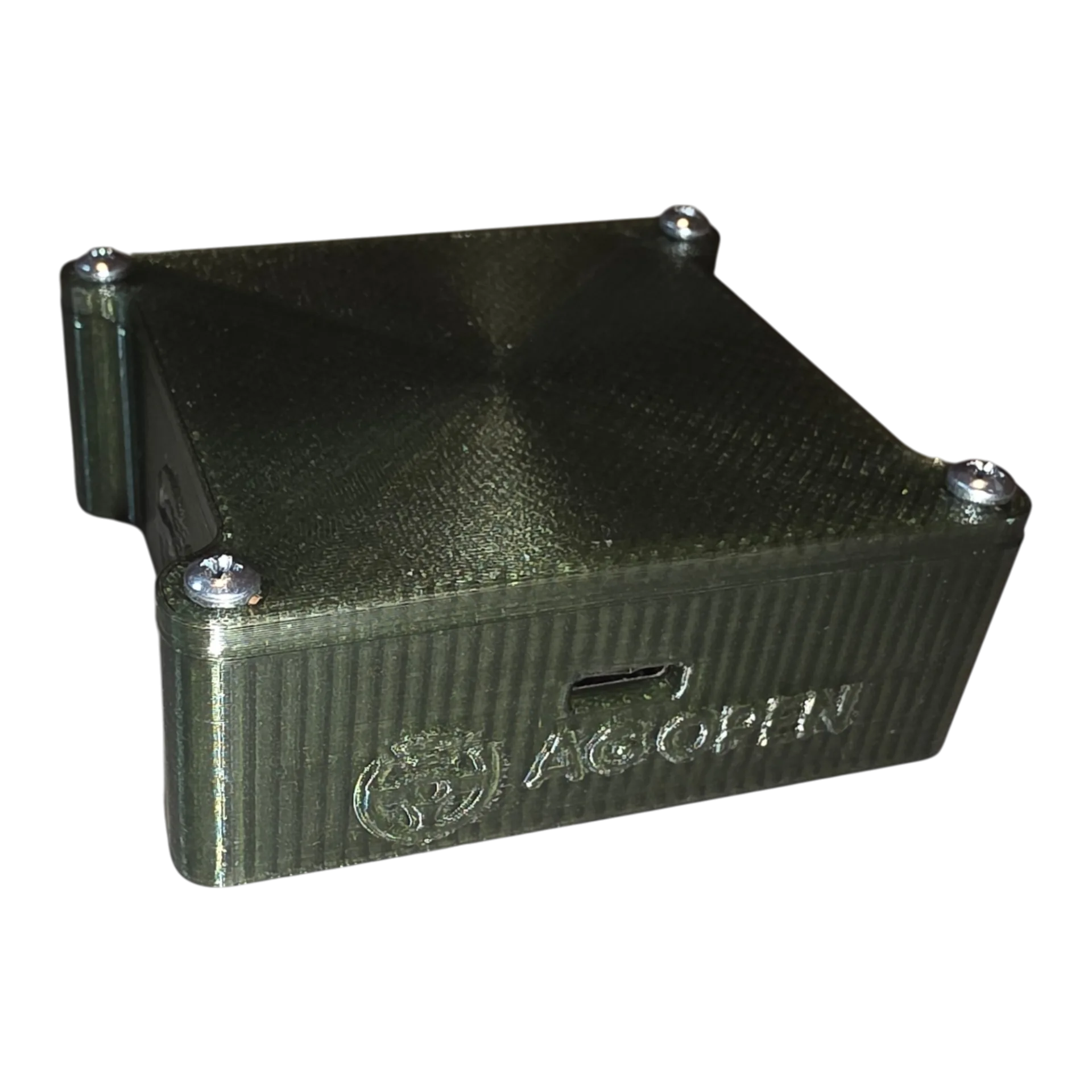 Green 3D-printed RTK module enclosure with the AgOpen logo
