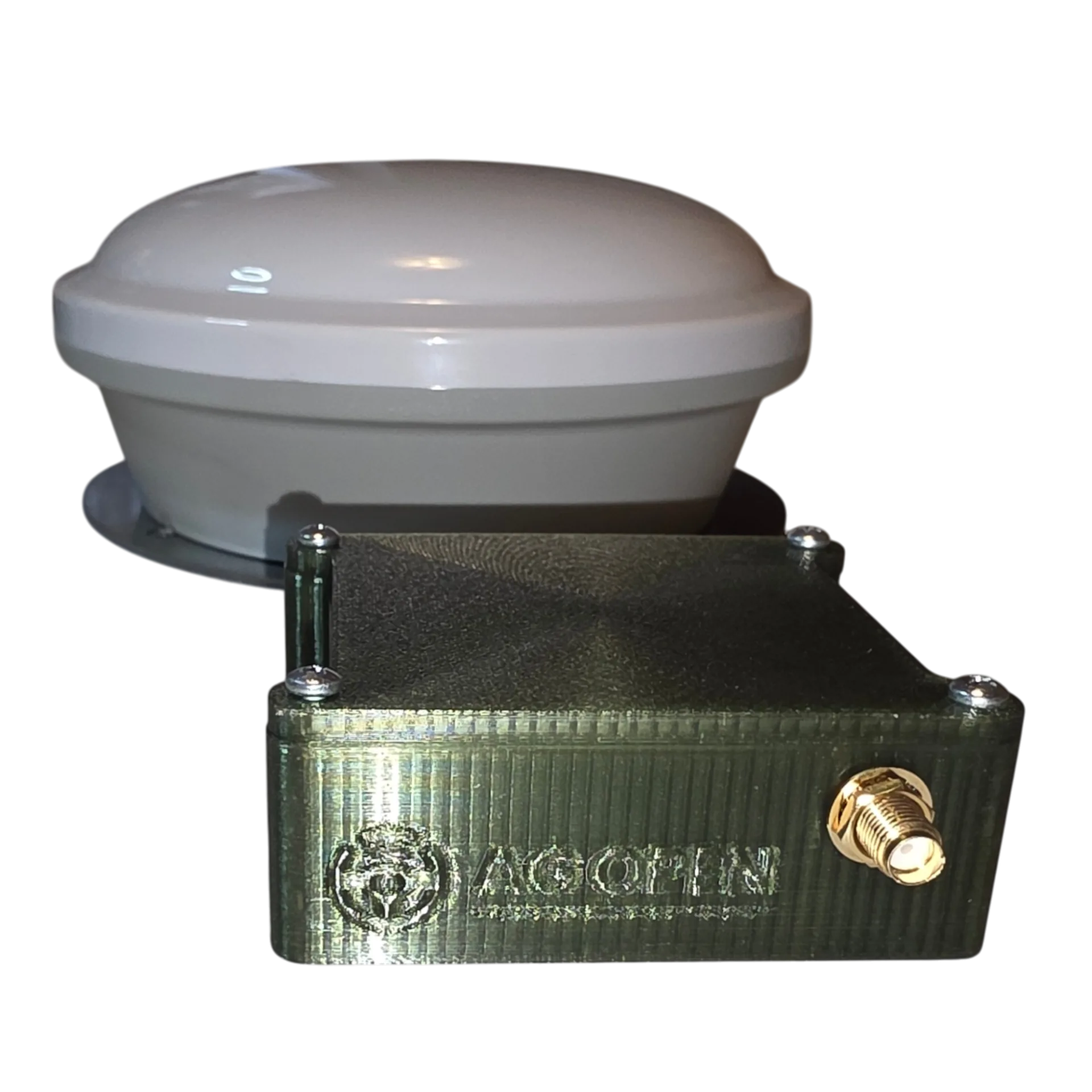AgOpen RTK module in a green 3D-printed box with the GNSS antenna