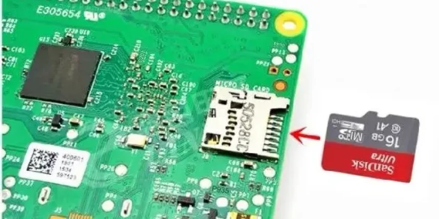 Raspberry Pi board of the RTK base with the microSD card slot marked